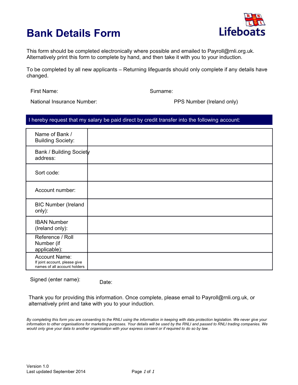 Bank Details Form