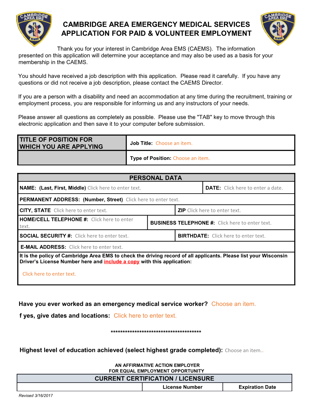 Application for Paid & Volunteer Employment