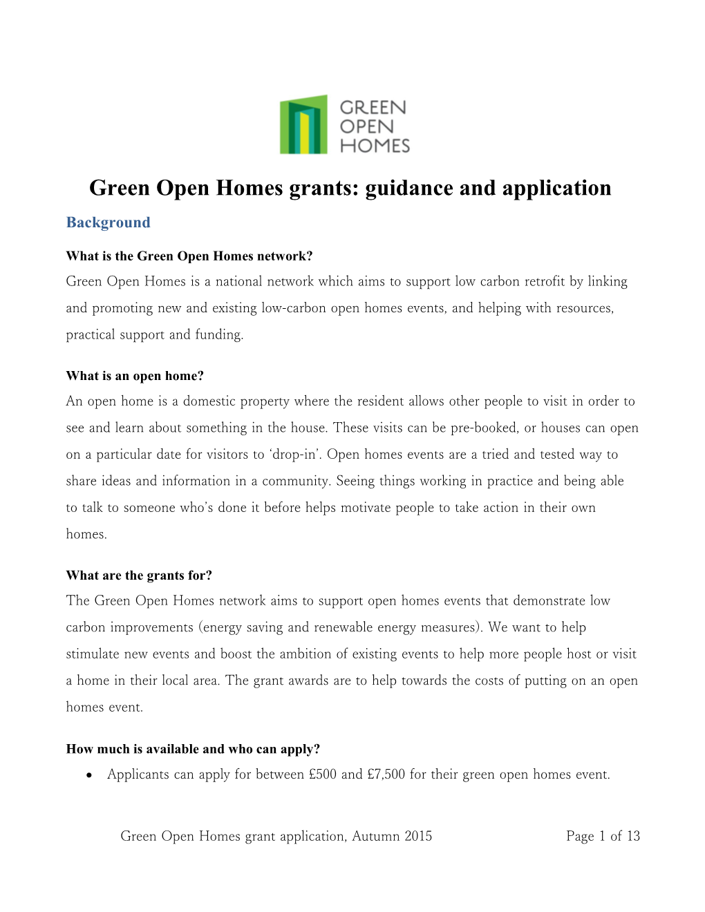 Green Open Homes Grants: Guidance and Application
