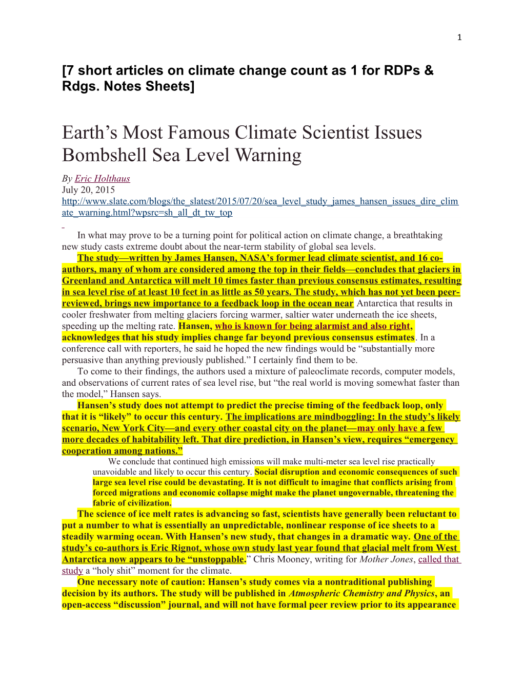 7 Short Articles on Climate Change Count As 1 for Rdps & Rdgs. Notes Sheets