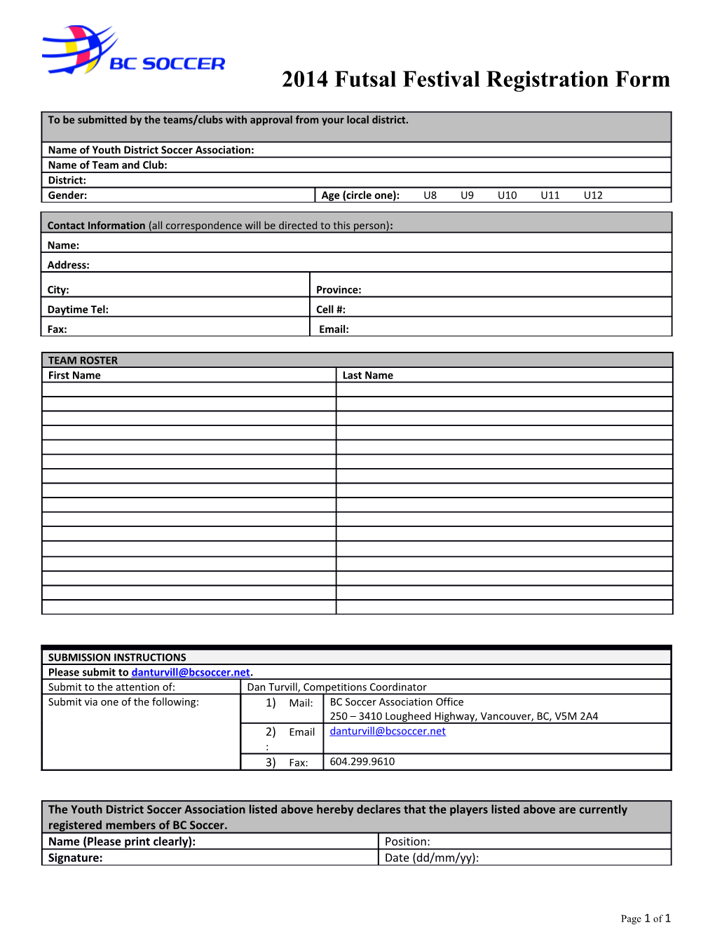 2014 Futsal Festival Registration Form