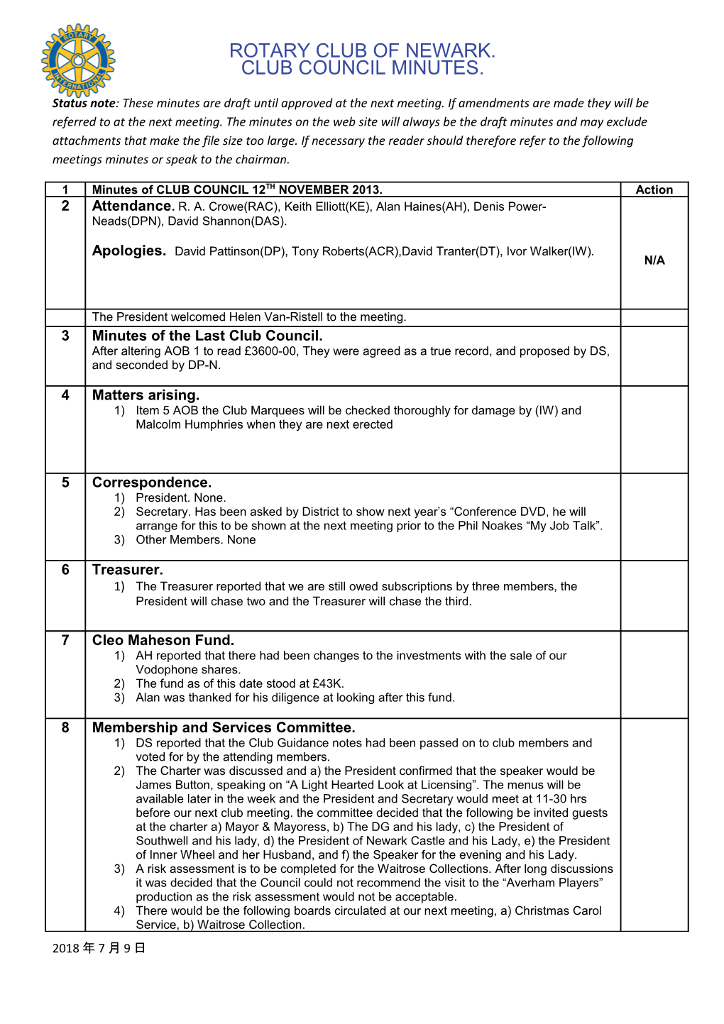 Status Note : These Minutes Are Draft Until Approved at the Next Meeting. If Amendments