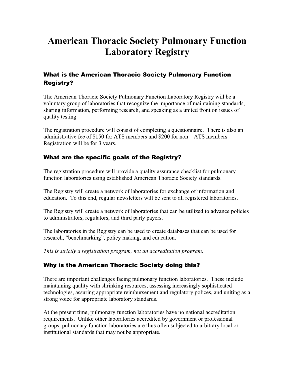 Pulmonary Function Laboratory Registry