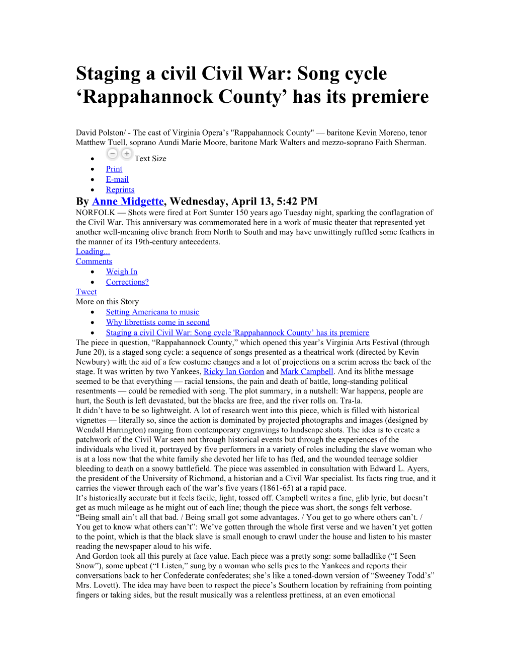 Staging a Civil Civil War: Song Cycle Rappahannock County Has Its Premiere