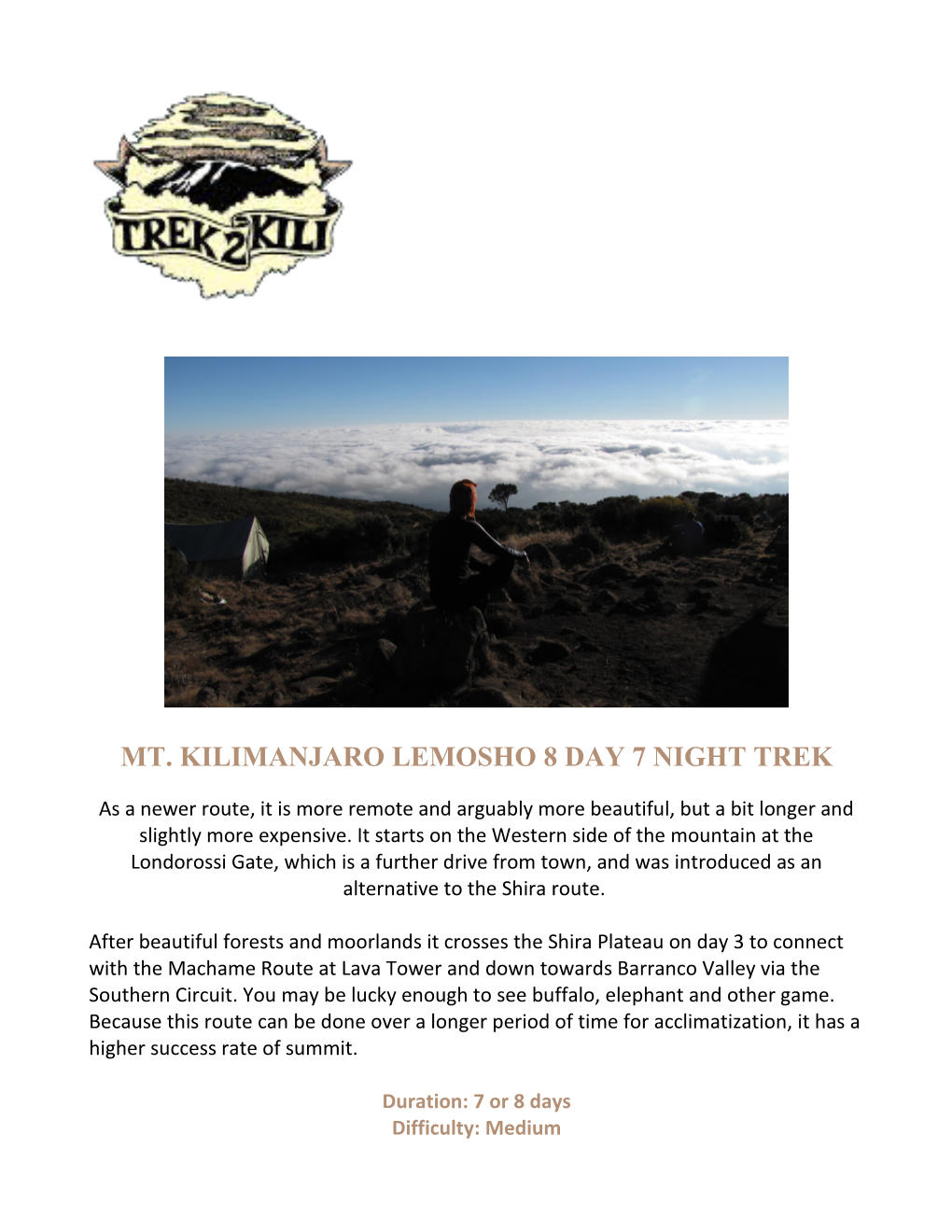 Mt. Kilimanjaro Lemosho 8 Day 7Night Trek