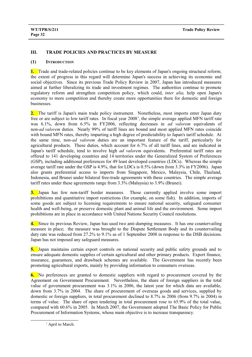 III. Trade Policies and Practices by Measure