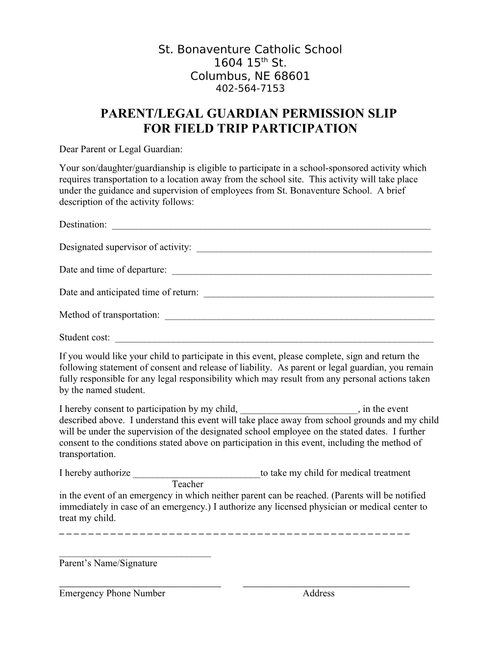 Parent/Legal Guardian Permission Slip