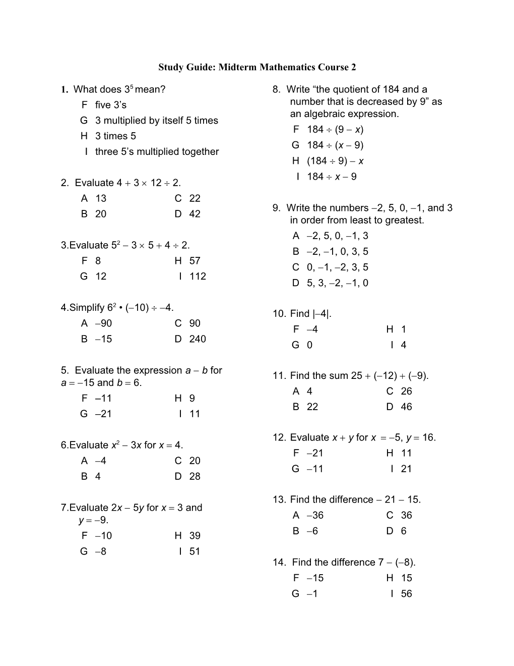 Study Guide: Midterm Mathematics Course 2