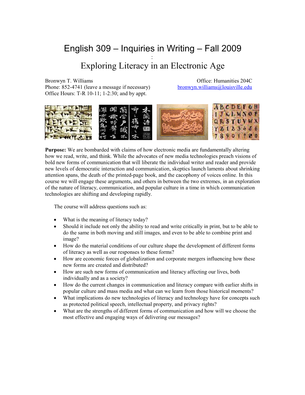 English 309 Inquiries in Writing Fall 2009
