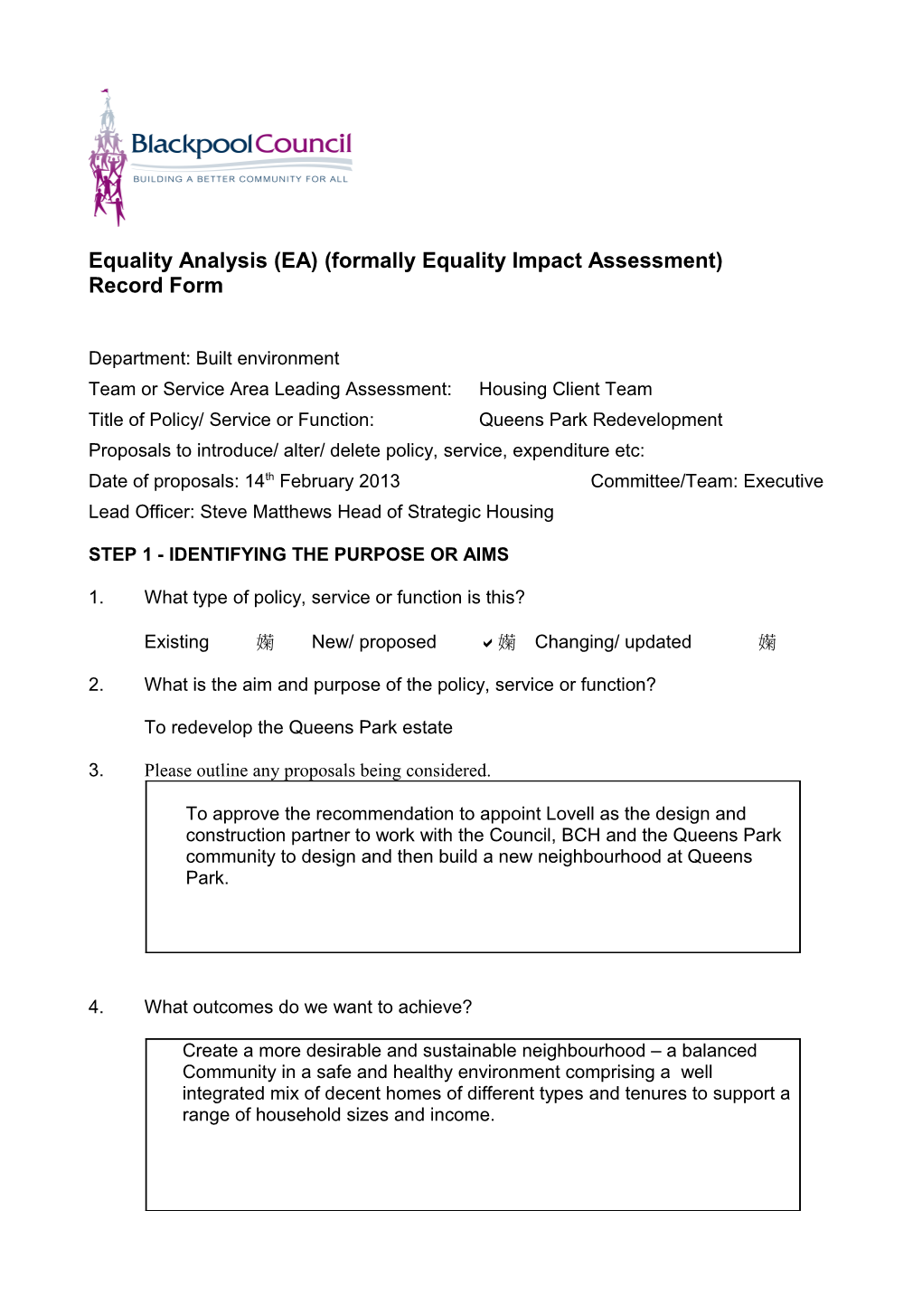 Equality Analysis (EA) (Formally Equality Impact Assessment)
