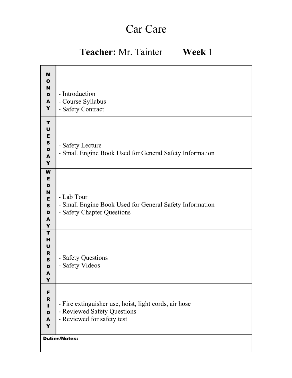 Teacher: Mr. Tainter Week 1