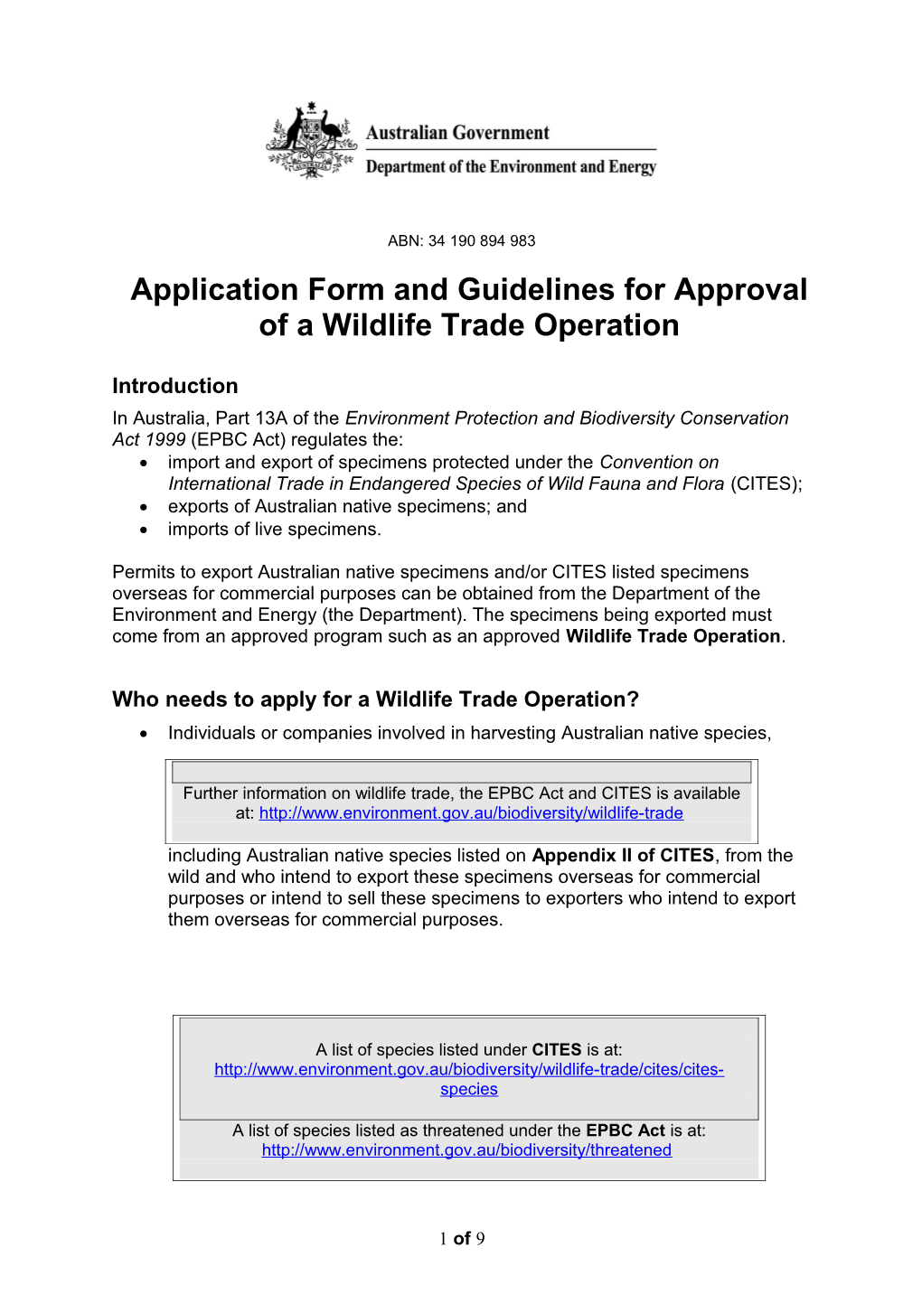 Application Form and Guidelines for Approval of a Wildlife Trade Operation