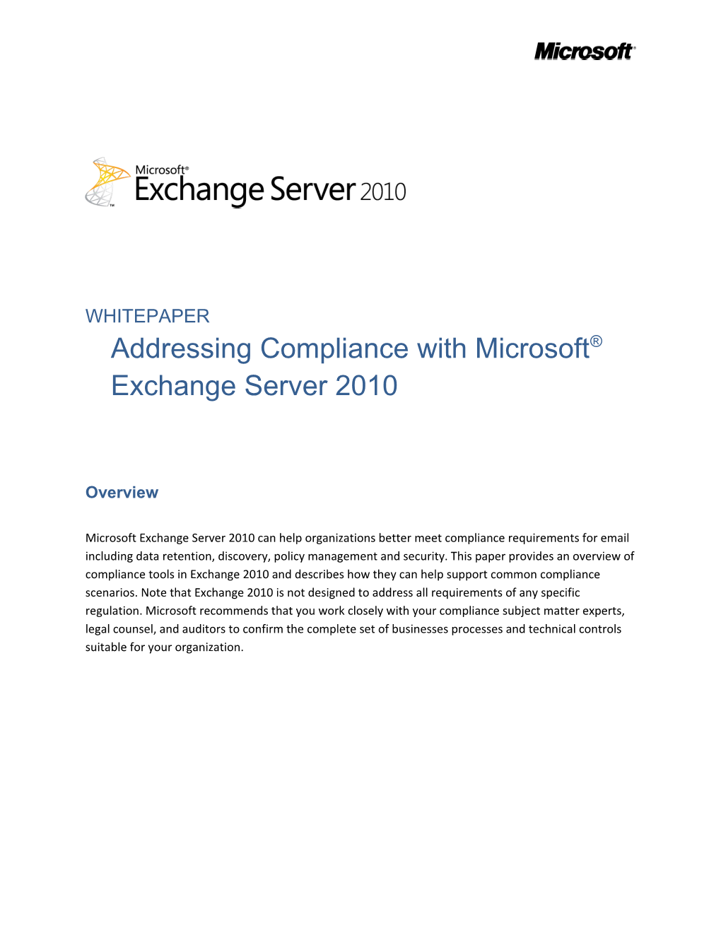 Whitepaperaddressing Compliance with Microsoft Exchange Server 2010