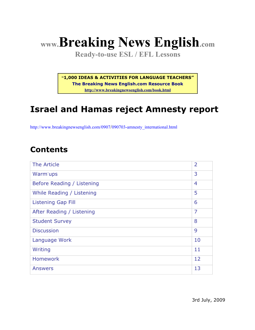 ESL Lesson: Israel and Hamas Reject Amnesty Report