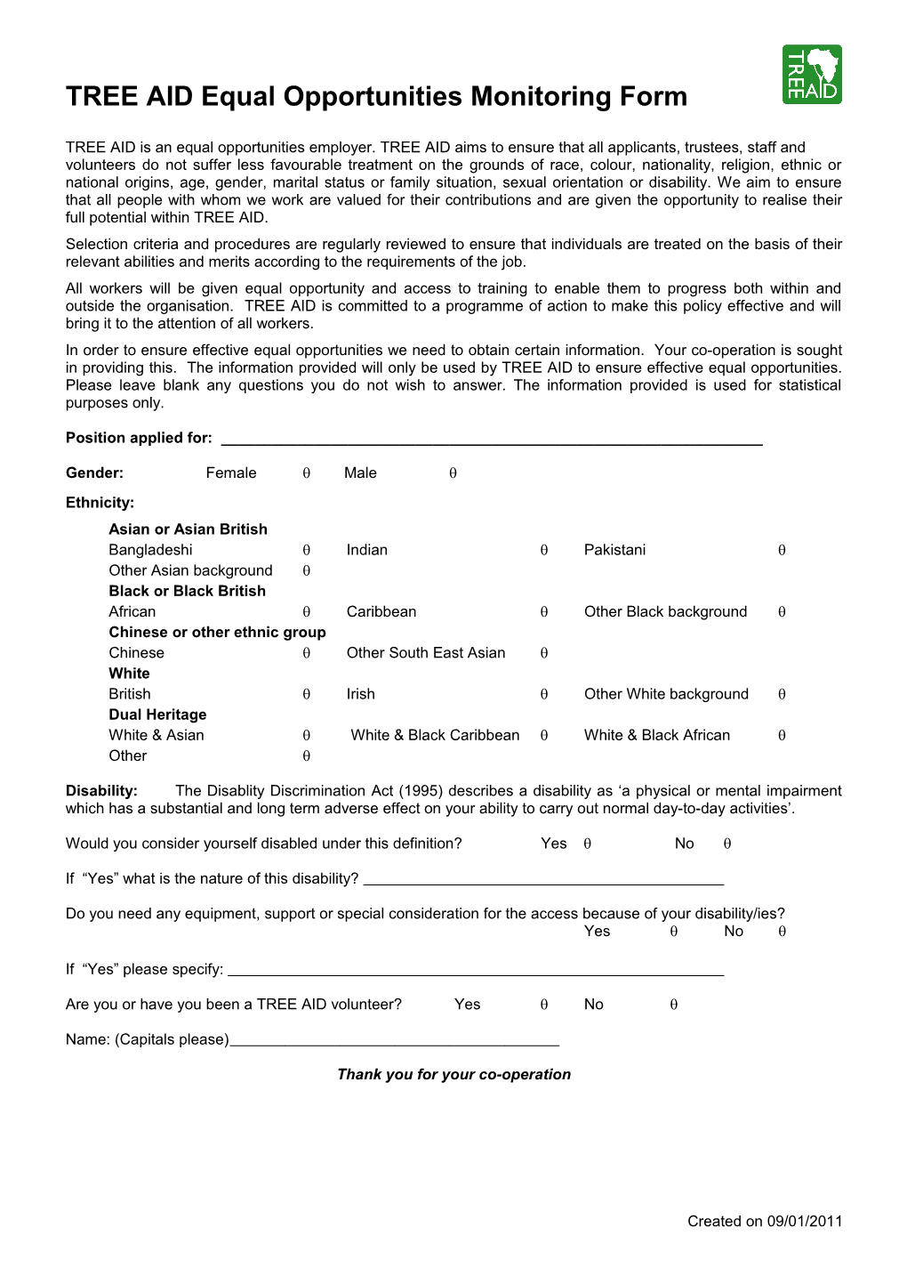 TREE AID Equal Opportunities Monitoring Form