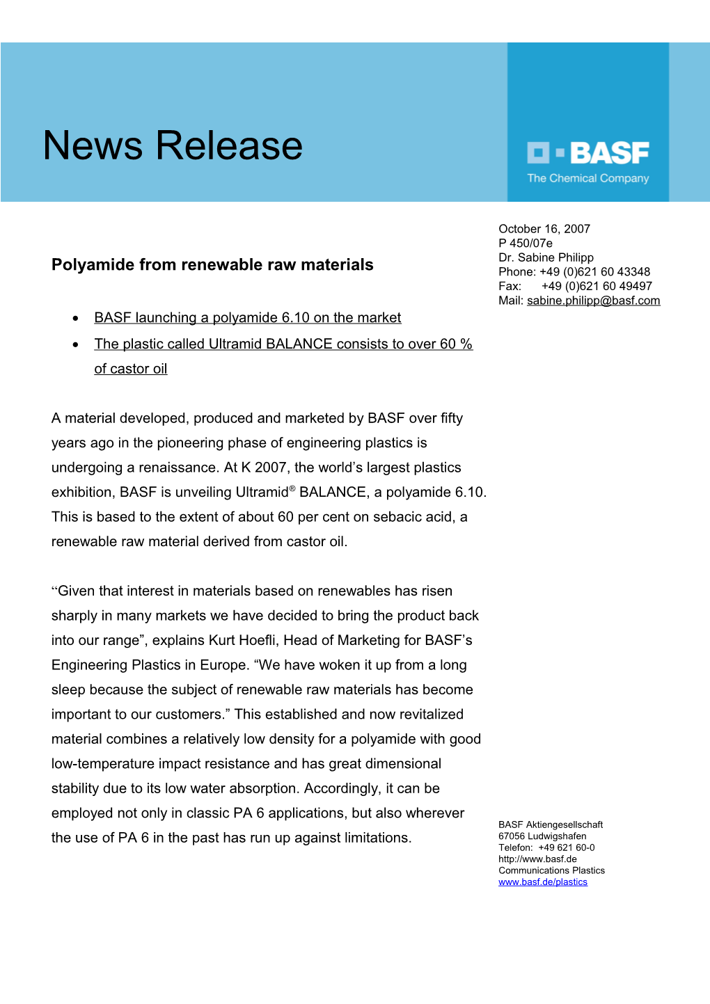 Polyamide from Renewable Raw Materials