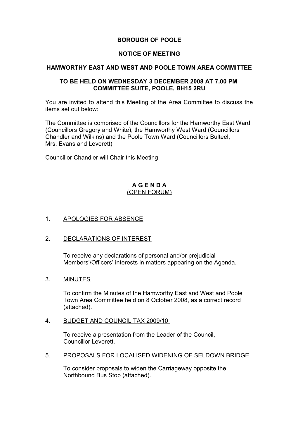 Agenda - Hamworthy East and West and Poole Town Area Committee - 3 December 2008