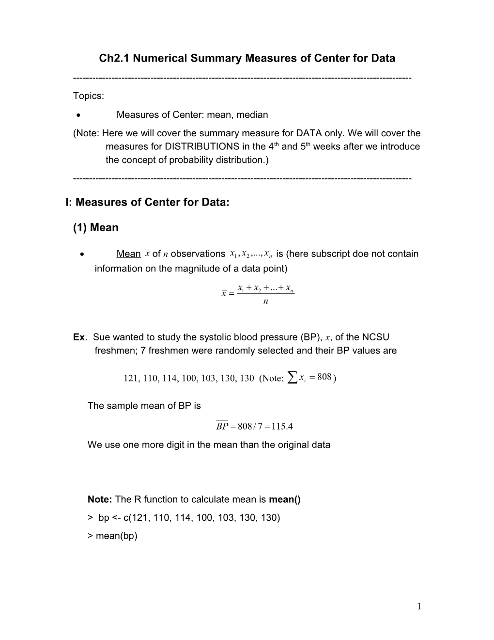 Ch2.1Numerical Summary Measures of Center for Data