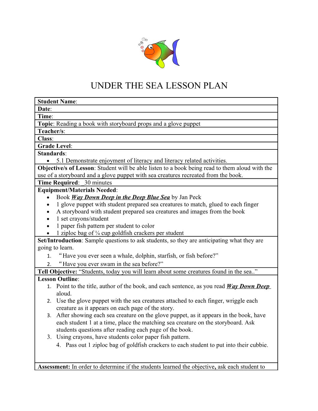 Under the Sea Lesson Plan