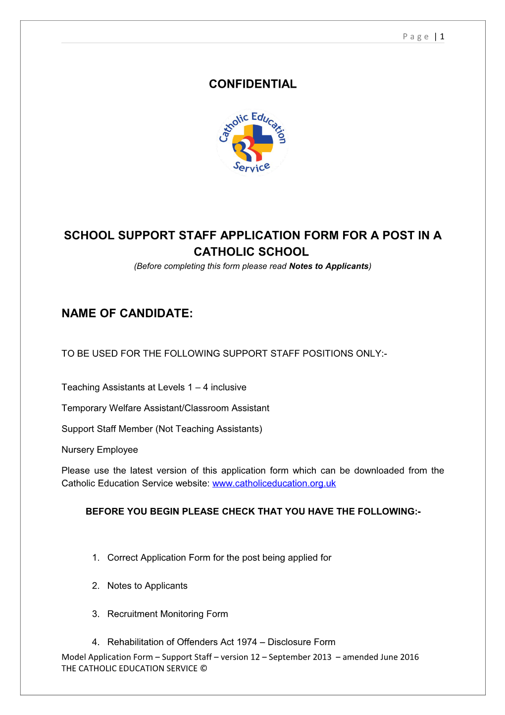 School Support Staff Application Form for a Post in a Catholic School s4