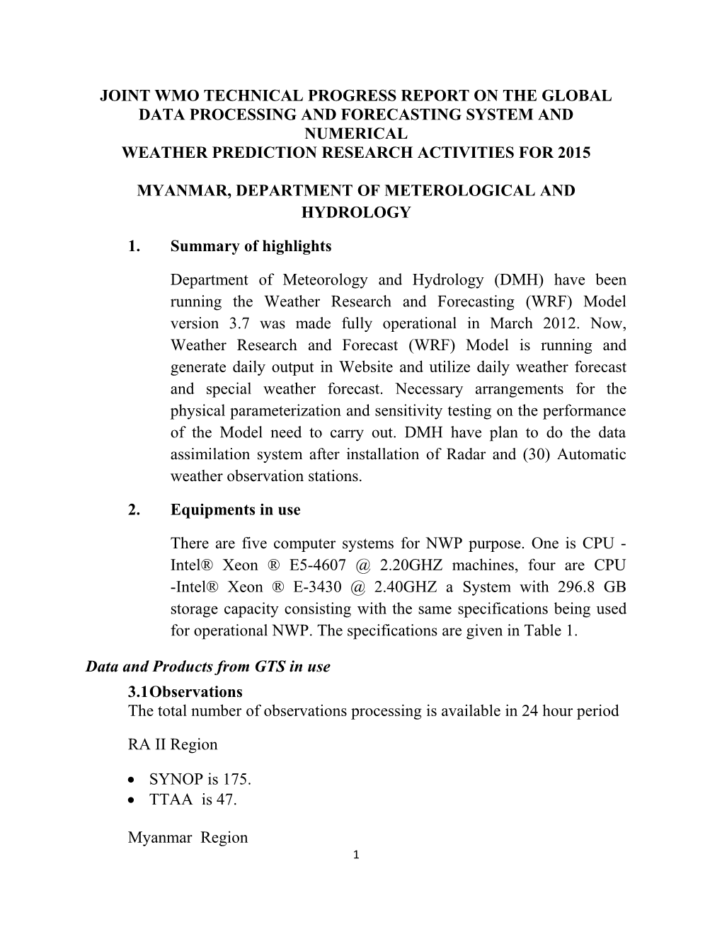 Joint Wmo Technical Progress Report on the Global Data Processing and Forecasting System s1