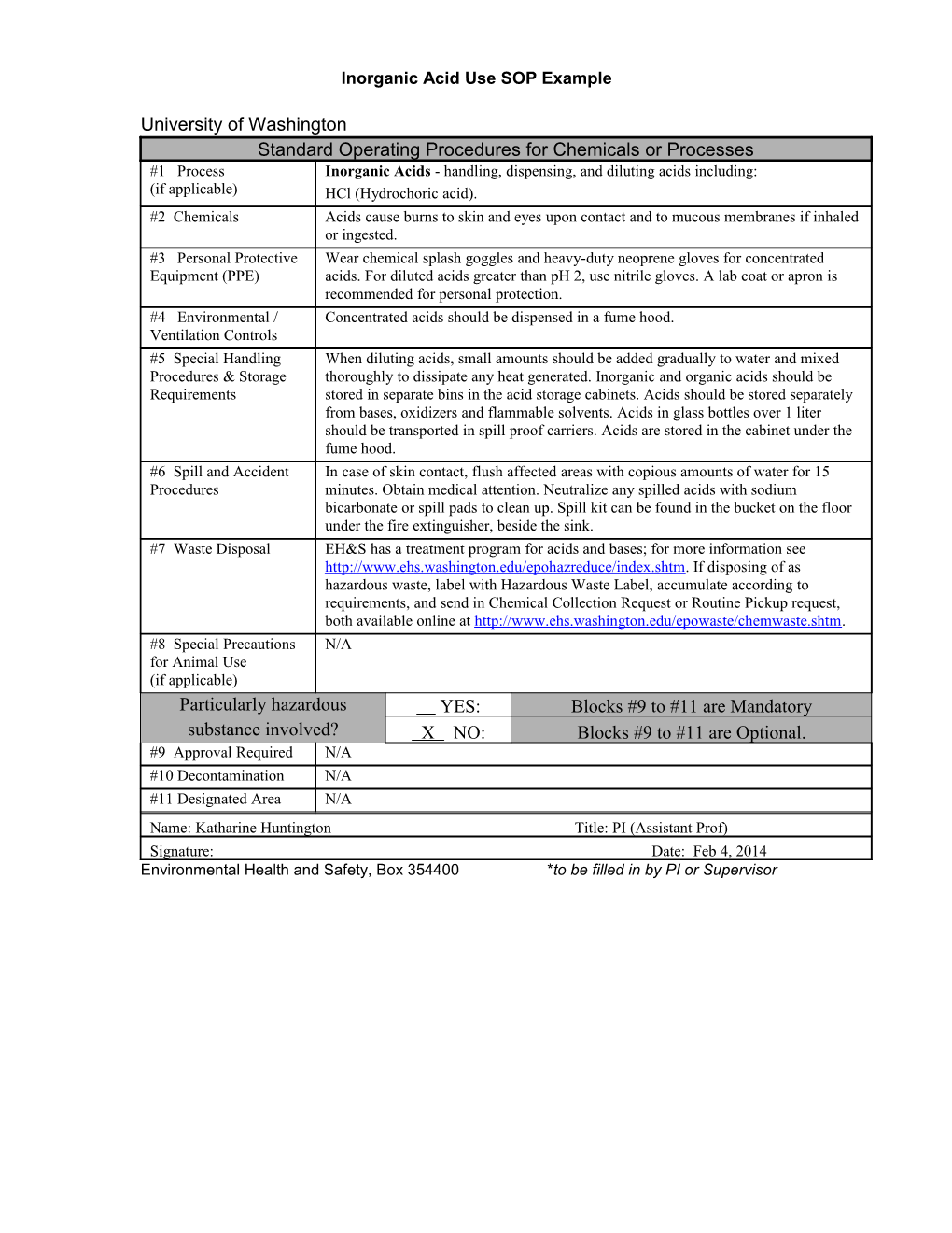 Inorganic Acid Use SOP Example