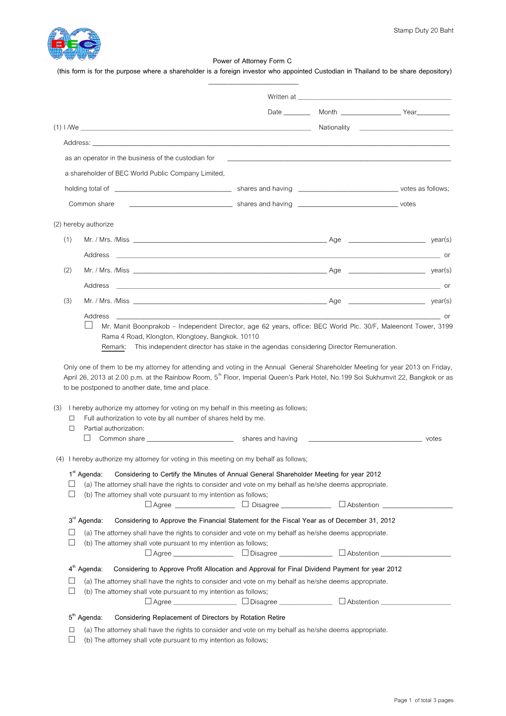 Power of Attorney Form C