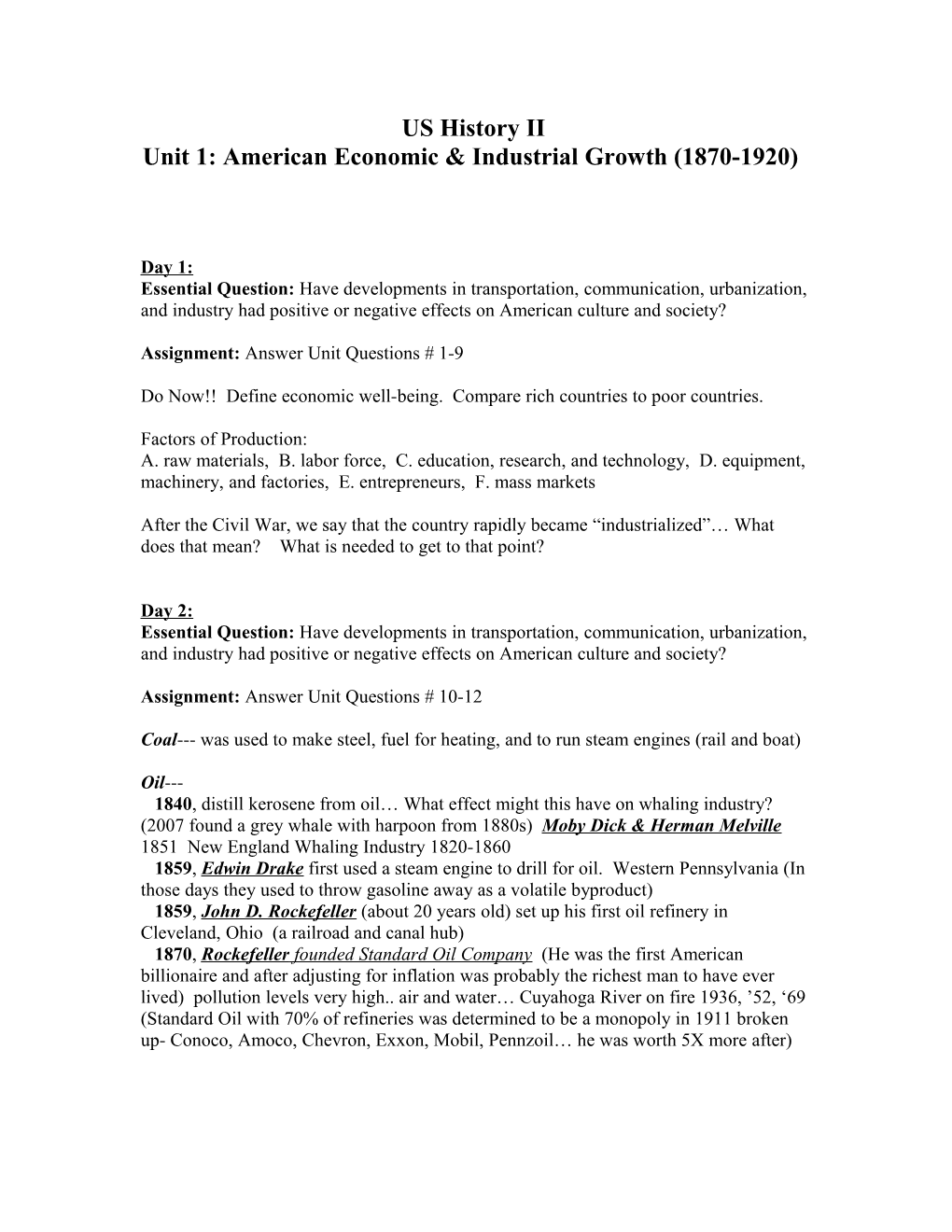 Unit 1: American Economic & Industrial Growth (1870-1920)