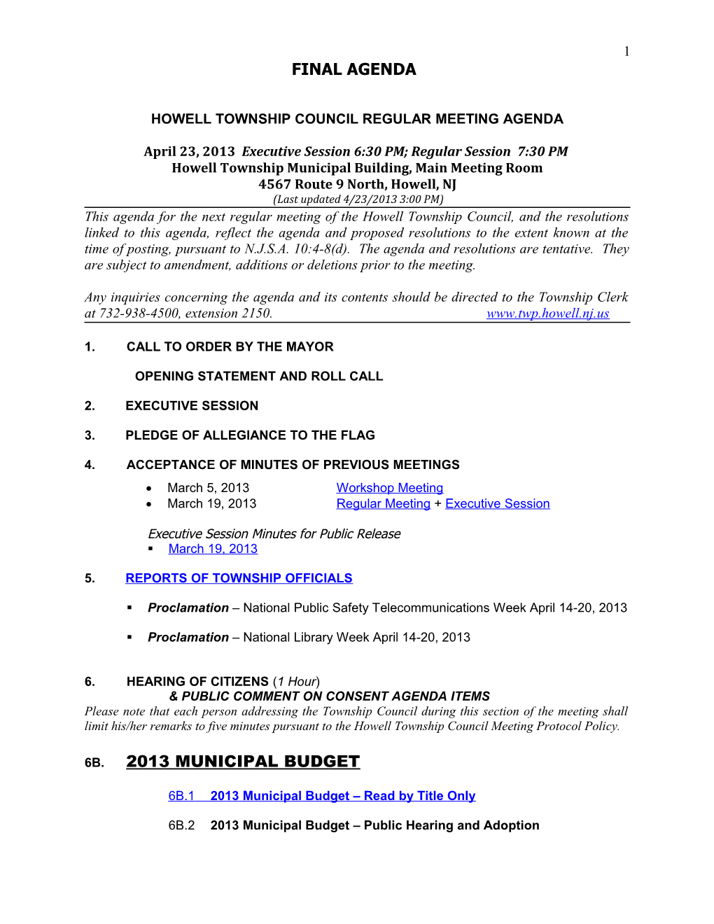 Howell Township Council Workshop/Regular Meeting Agenda