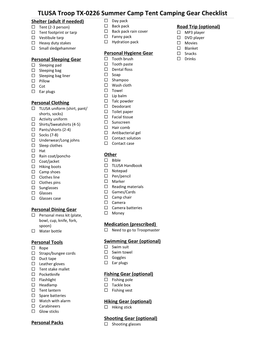 TLUSA Troop TX-0226 Summer Camp Tent Camping Gear Checklist