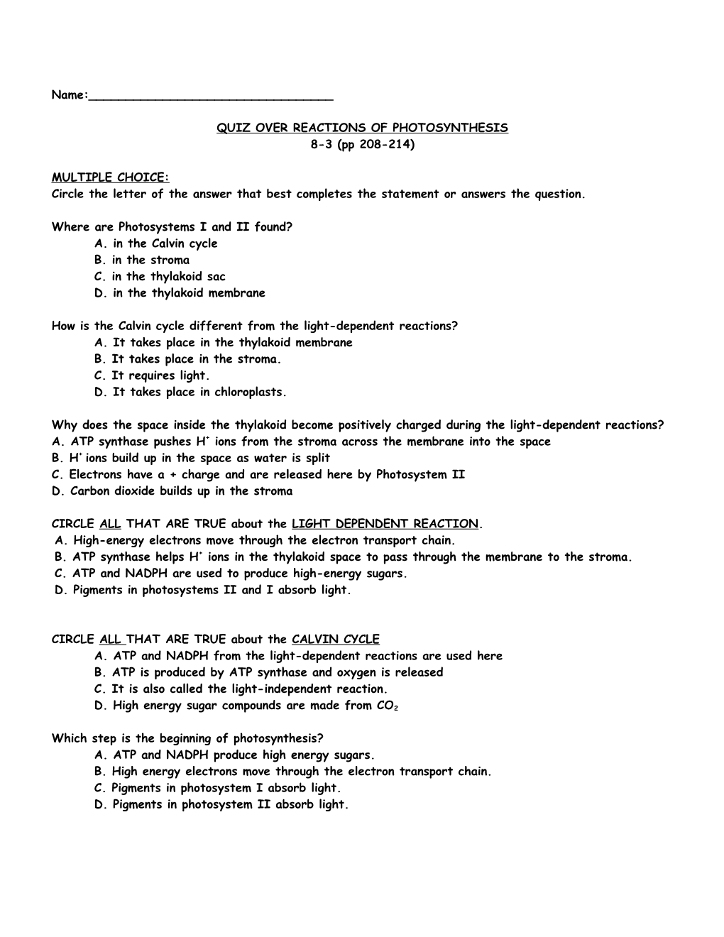 Reactions of Photosynthesis