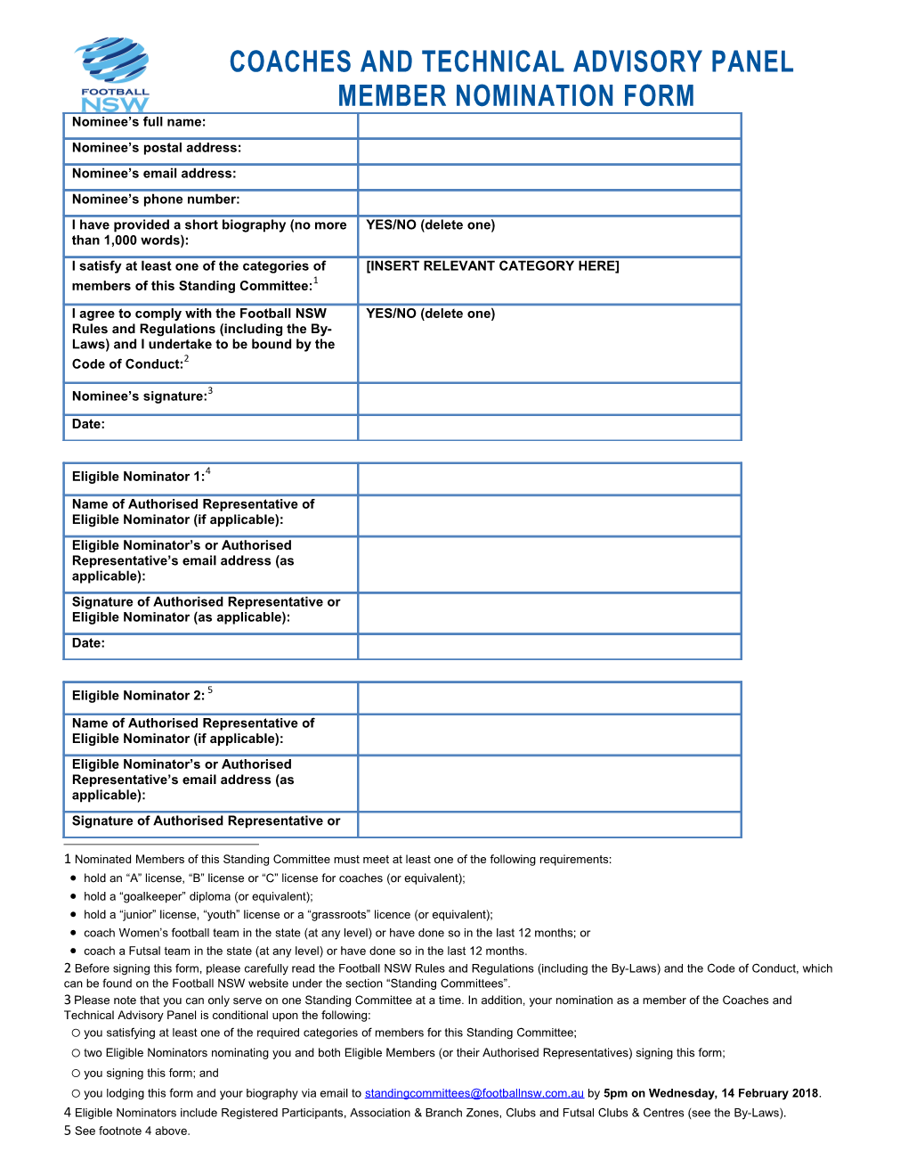 National Soccer League Standard Player Contract Registration Form