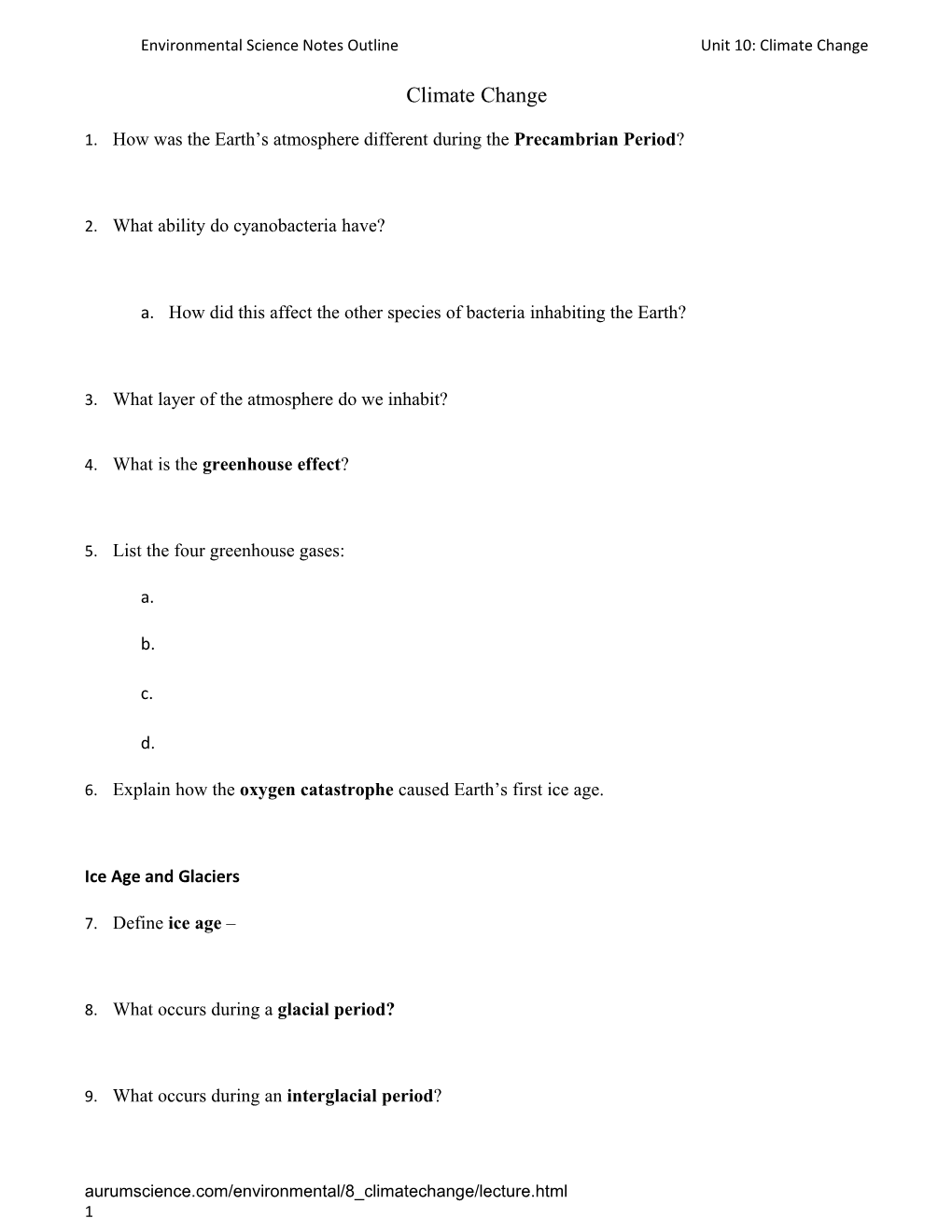 Environmental Science Notes Outlineunit 10: Climate Change