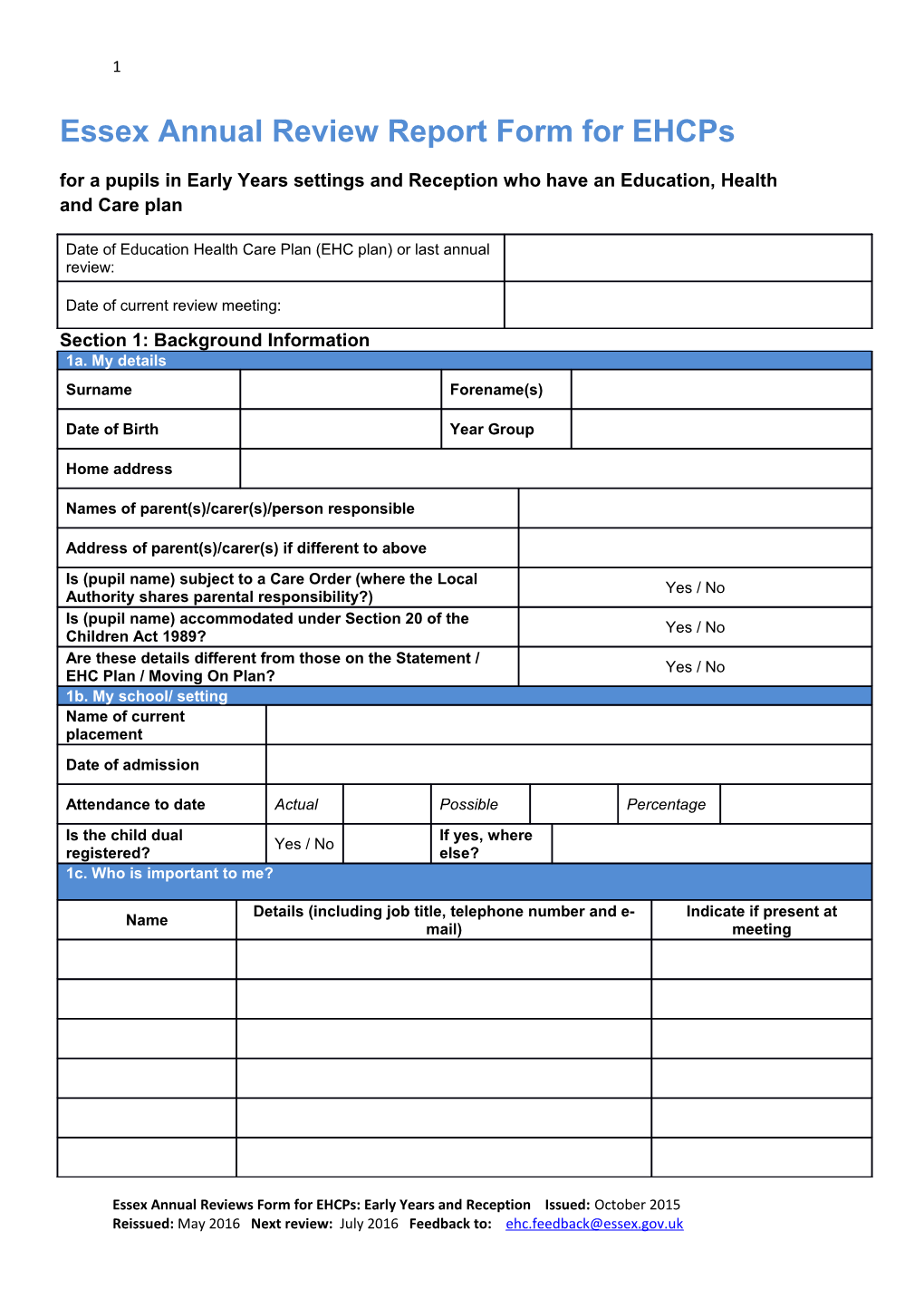 Essex Annual Review Report Form for Ehcps