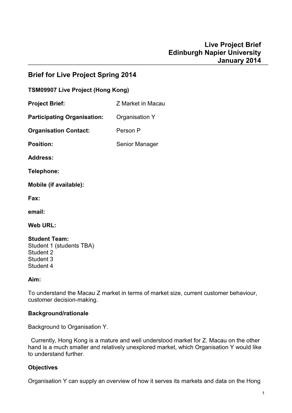 Brief for Live Project Spring 2014