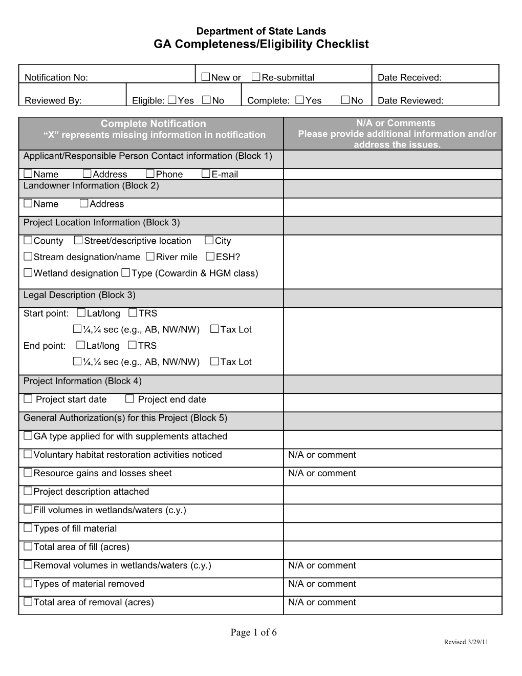 General Authorization Completeness/Eligibility Checklist