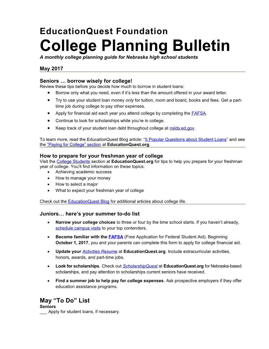 A Monthly College Planning Guide for Nebraska High School Students