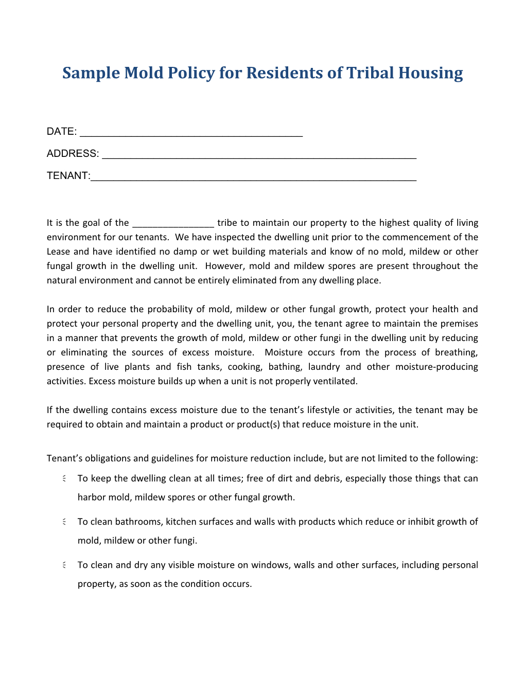 Sample Mold Policy for Residents of Tribal Housing