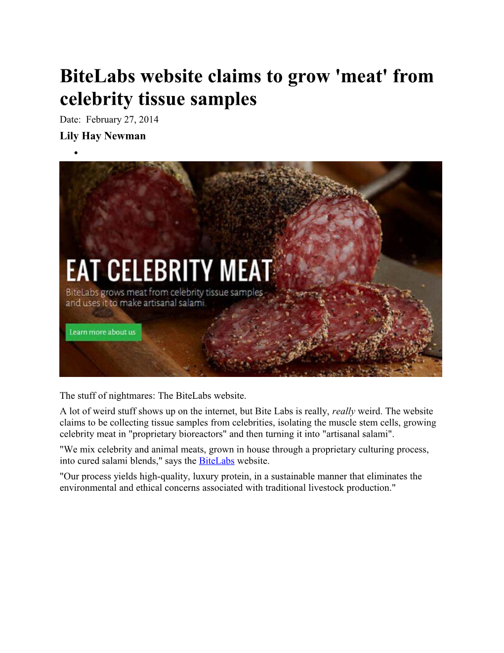 Bitelabs Website Claims to Grow 'Meat' from Celebrity Tissue Samples