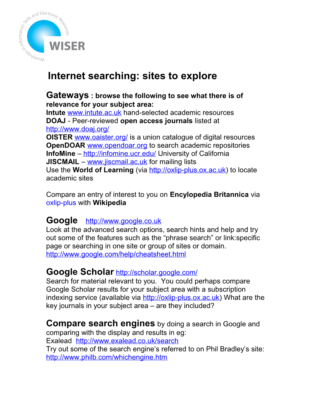 Internet Searching: Sites to Explore