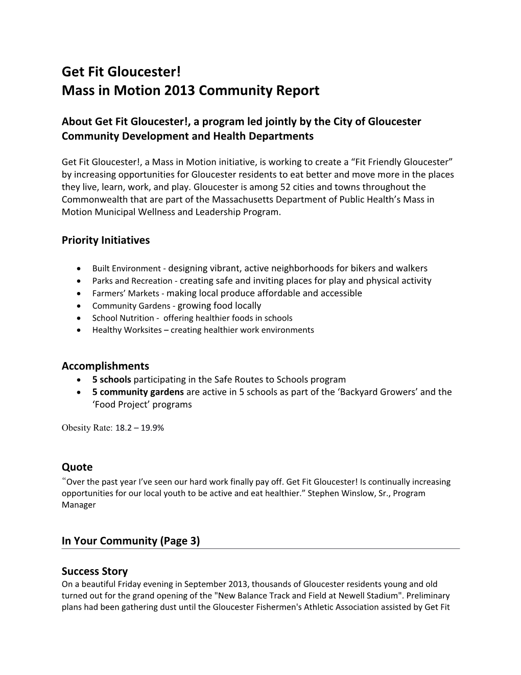 Get Fit Gloucester! Mass in Motion 2013 Community Report