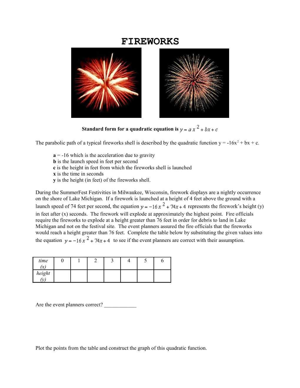 The Parabolic Path of a Typical Fireworks Shell Is Described by the Quadratic Function