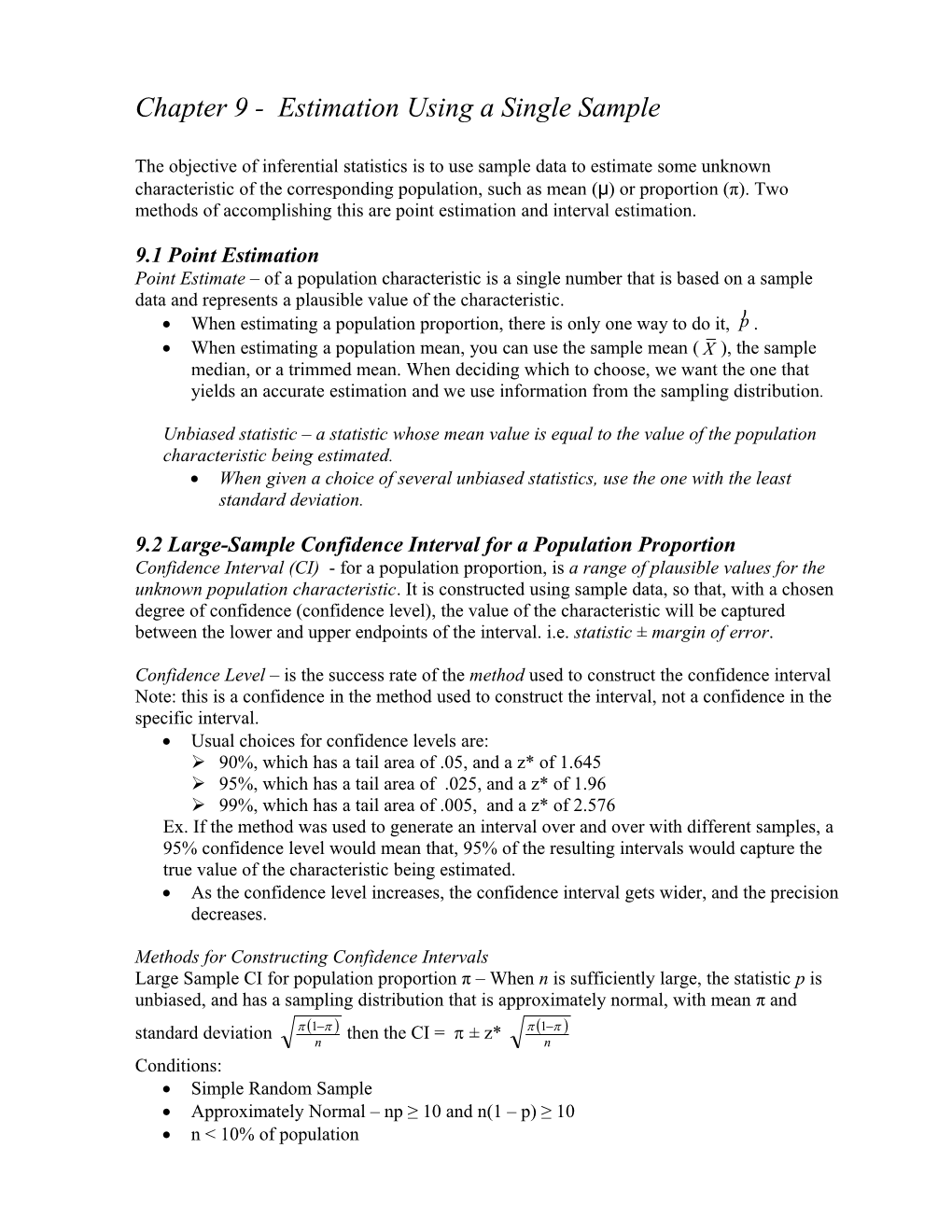 Chapter 9 - Estimation Using a Single Sample