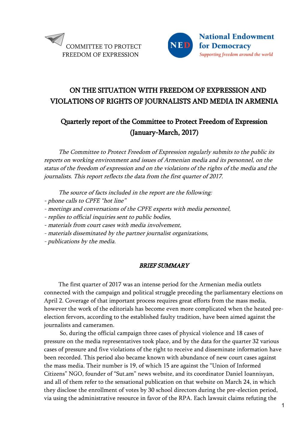 Quarterly Report of the Committee to Protect Freedom of Expression