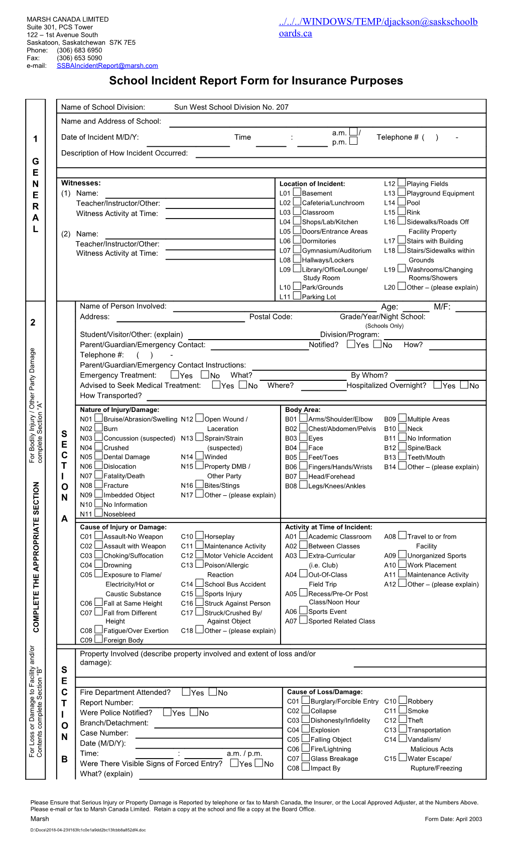 School Incident Report Form for Insurance Purposes
