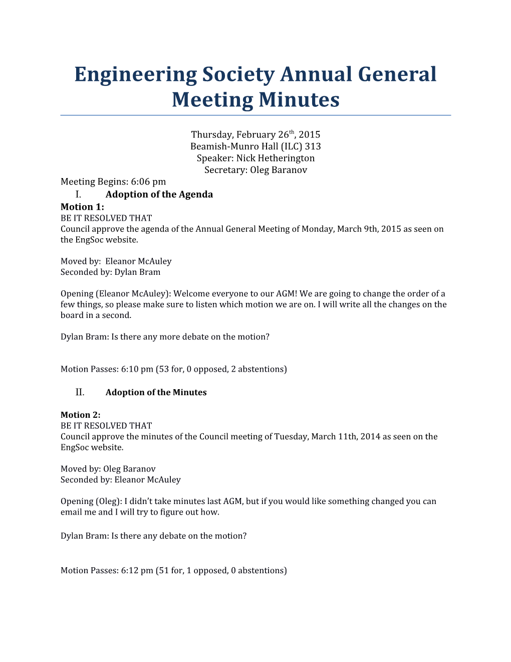 Engineering Society Annual General Meeting Minutes