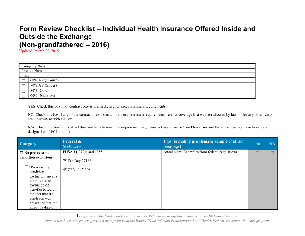 State Network Georgetown Form Review Checklist Individual Health Insurance March 2015