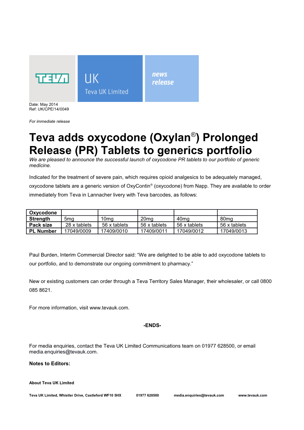 Teva Adds Oxycodone (Oxylan ) Prolonged Release (PR) Tablets to Generics Portfolio