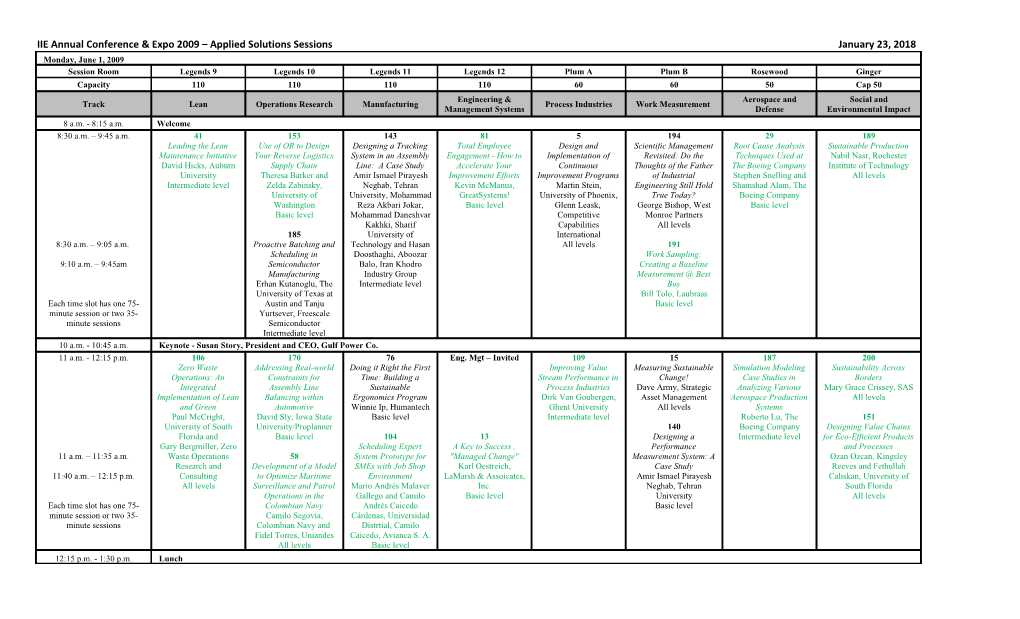 IIE Annual Conference & Expo 2009 Applied Solutions Sessions May 7, 2009