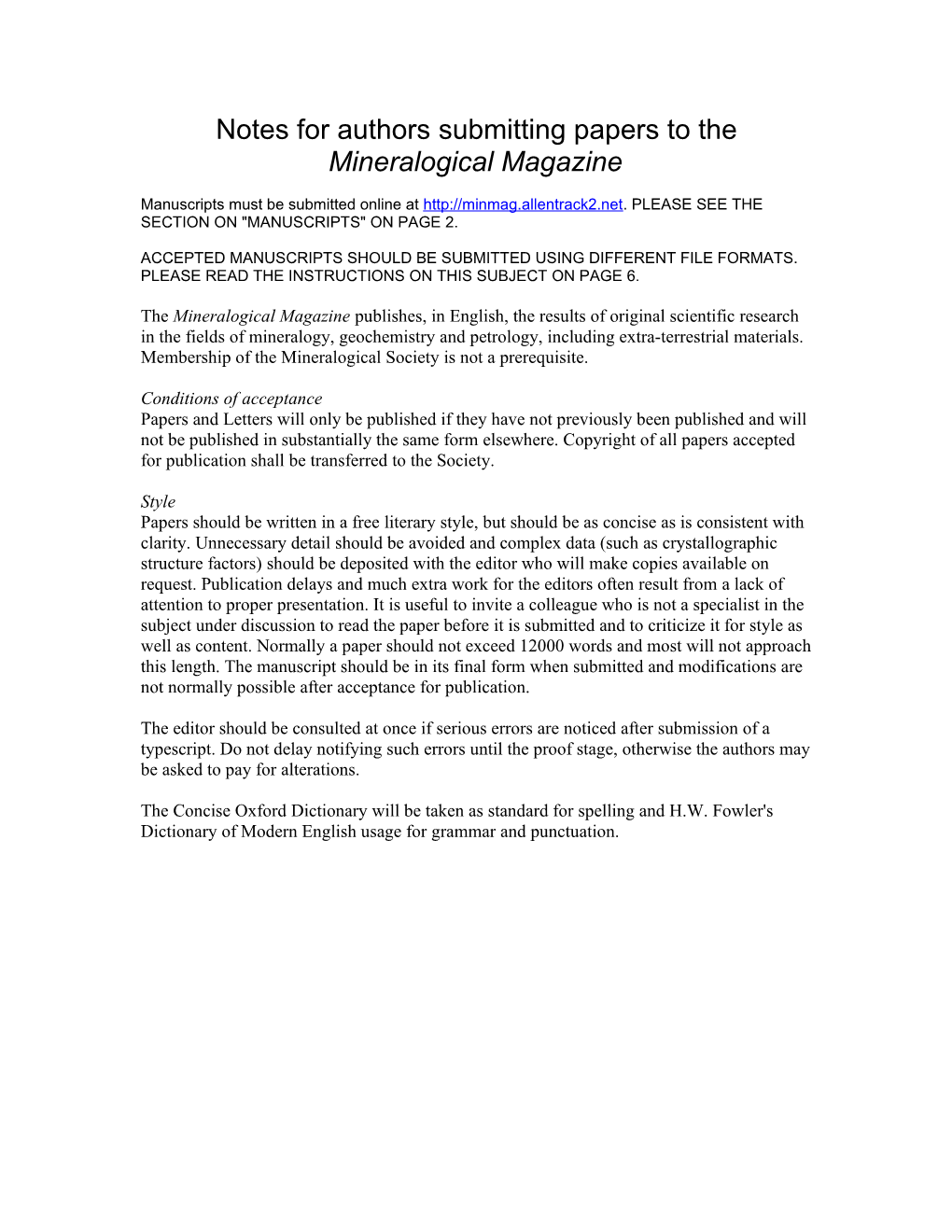 Notes for Authors Submitting Papers to the Mineralogical Magazine